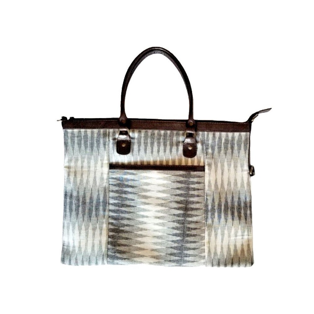 NOONDAY COLLECTION Bag Cotton Beige Brown Print Leather Trim Large Handbag Purse